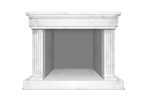 White marble fireplace for home interior in classic style. Vector realistic illustration of hearth in stone frame with pilasters and empty mantelpiece isolated on white 