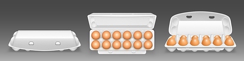 Carton egg tray, blank box package mock up. Vector realistic mockup of 3d open and closed cardboard container for dozen chicken eggs isolated on background