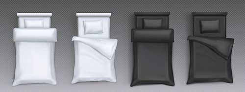 Unmade beds with white and black pillows, blanket and sheet. Vector realistic top view of 3d furniture for sleep with mattress and blank bedclothes isolated on transparent 