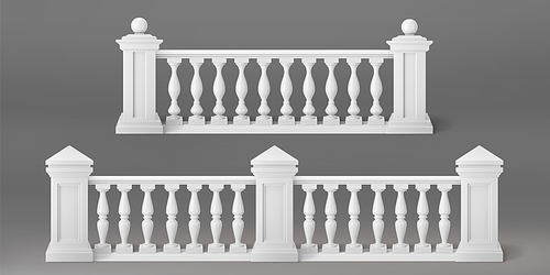 White stone or marble balustrades with pillars, columns, balusters and handrails. Vector realistic set of 3d fence in classic greek or roman style for balcony, terrace, stairs