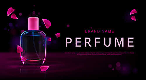 Perfume promo background with glass bottle and falling flower petals. Vector realistic brand poster of luxury cosmetic product, fragrance in clear flask with pink cap