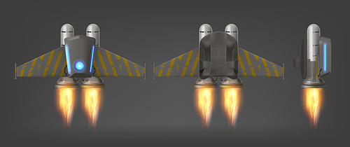 Jetpack with fire and yellow stripes on wings, top, side and bottom view, isolated 3d vector device for flying. Jet pack futuristic mechanical turbo engine with wings for pilot, realistic illustration