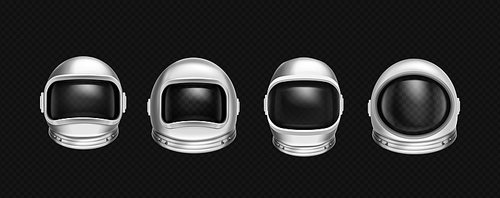 Astronaut helmets, cosmonaut mask with clear glass for space exploration and flight in cosmos. Vector realistic set of white suit part for protection spaceman head isolated on transparent 
