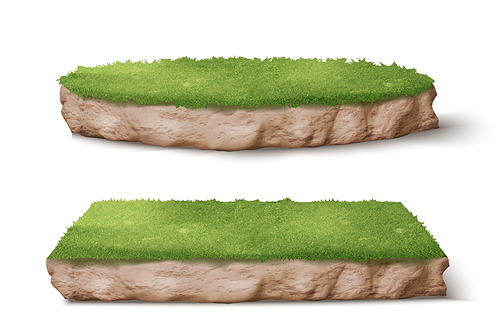 Land pieces with green grass realistic vector illustration. Trimmed round and square park or garden plots with soil and plants, perspective view isolated on white