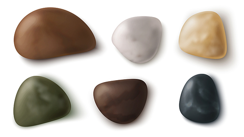 Sea or river beach pebble stone 3d isolated vector illustration. Ocean coast small rocks or smooth boulder various color and shape, realisric icon set on white 