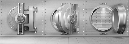 Bank vault with open and closed safe door. Vector realistic interior of room with round steel door and silver metal walls for safety storage deposits. Bank safe with dial lock