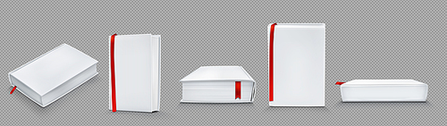 Mockup of blank paper books with white cover and red ribbon bookmark. Vector realistic template of 3d closed catalogs, diaries or dictionaries with empty hardcover