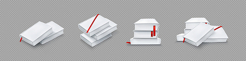 Mockup of blank paper books with white cover and red ribbon bookmark. Vector realistic template of 3d stacks of closed catalogs, diaries or dictionaries with empty hardcover