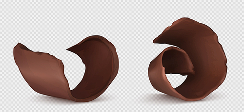 Chocolate curls, shavings or pieces of sweet food isolated on white . Cocoa production, cake decoration, brown delicious choco cuttings of bitter dessert Realistic 3d vector illustration