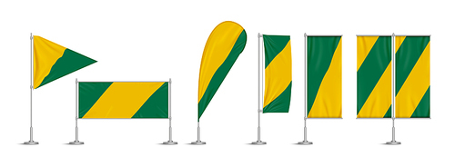 Green and yellow vinyl flags and set banners on pole. Vector realistic template of fabric promotion posters, advertising striped canvas pennants hanging on metal frame and stand