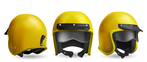 Motorcycle helmet for moto race and ride on scooter. Vector realistic illustration of 3d retro yellow helmet with blck visor and glasses in front, back and angle view isolated on white 