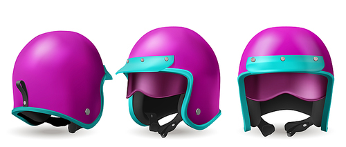 Motorcycle helmet for moto race and ride on scooter. Vector realistic illustration of 3d retro pink helmet with blue visor and glasses in front, back and angle view isolated on white 