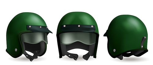 Motorcycle helmet for moto race and ride on scooter. Vector realistic illustration of 3d retro green helmet with visor and glasses in front, back and angle view isolated on white 