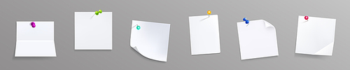 Paper notes with pins, white stickers or notepad pages with curled corners and pushpins. Empty blanks for messages. Isolated office stationery for memo board, Realistic 3d vector illustration, mock up