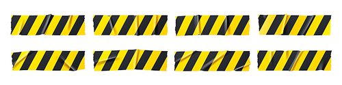 Adhesive tape pieces with black and yellow stripes. Vector realistic set of 3d ripped sticky warning ribbon for police barrier, construction band, caution label isolated on white 