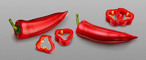 Red chili pepper, hot spicy plant pods, paprika cayenne with green stem vector realistic illustration isolated on transparent background. Chopped ripe vegetables with shadow