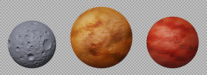 Planets of solar system Mars, Mercury and Moon with detailed surface. Realistic 3d vector galaxy objects isolated on transparent background. Astronomy science and space exploration concept, clip art