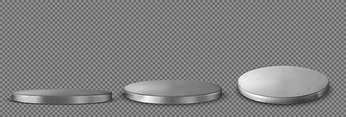 Metal platform, podium of silver color, round stage for product presentation. Shiny metallic display, scene 3d render stand to show cosmetic production, showcase side and top view Realistic vector set