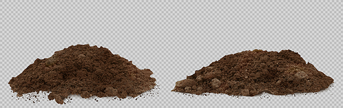 Soil pile, dirt, mud or compost mound isolated on transparent background. Vector realistic set of heaps of organic humus, brown ground for garden, farm fields, agriculture