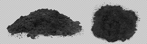 Black soil pile, dirt or humus mound in front and top view isolated on transparent background. Vector realistic illustration of heaps of organic ground, topsoil or peat