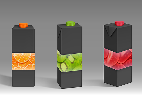 Black carton packs with fruit print for juice in front and angle view. Vector realistic 3d mockup of containers for juicy drink with plastic caps and pattern of strawberry, orange and kiwi