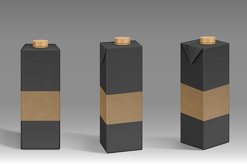 Milk or juice package mockup, black and gold carton box. Blank paper bottle with screw lid front and angle view. Container for liquid production, food, beverage, isolated Realistic 3d vector mock up