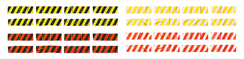 Security warning tapes, caution danger stripes for traffic accident, murder, building site bordering. Forbidden territory fencing, isolated horizontal perimeter defense ribbons Realistic 3d vector set