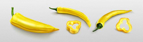 Yellow chili pepper with slices, hot cayenne isolated on transparent background. Fresh chopped chile pepper, mexican spicy vegetable, vector 3d illustration