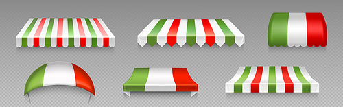 Awnings, italian shop tents, canopy, street market overhangs, sun shade shelters. Outdoor coverings with red, green and white stripes isolated on transparent , Realistic 3d vector set