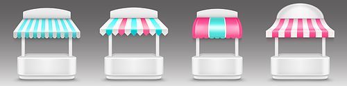 Market stall, candy, ice cream, cotton candy store buildings. Fair booth or kiosk with striped blue and pink awnings. Vendor counter for street trading, tents, Realistic 3d vector illustration, mockup