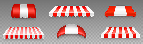 Awnings, shop tents, canopy, street market overhangs, sun shade shelters. Outdoor coverings with red and white stripes for store and shop isolated on transparent , Realistic 3d vector set