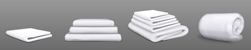 White towels, isolated terrycloth, home textile rolled, folded and stacked in piles. Realistic clean bathroom domestic or hotel stuff for hygiene and shower procedures, terry 3d vector illustration