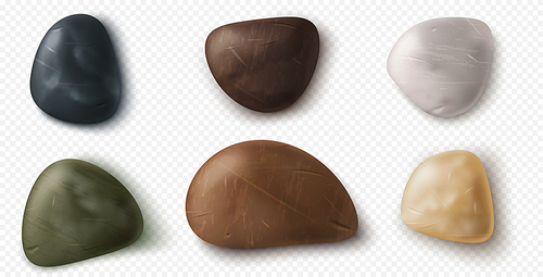 Small river pebbles and stones collection. Smooth beach rocks, sea and ocean coast boulders of various color, texture and shape isolated on white , Realistic 3d vector illustration, set