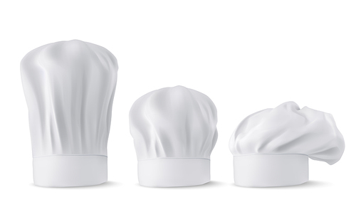Chef hats, cook caps and baker toques realistic mockup. White restaurant uniform headwear, professional small, medium and tall french style clothing of kitchen staff, 3d vector illustration