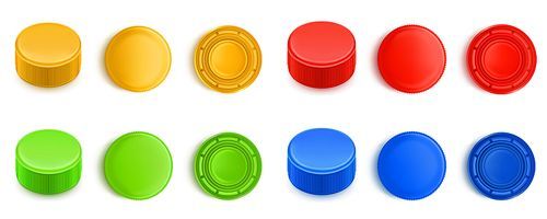 Colorful plastic bottle caps set isolated on white . Realistic 3D illustration of yellow, red, green, blue screw lid top, side, upside down view. Mockup of cover for mineral water, beverages