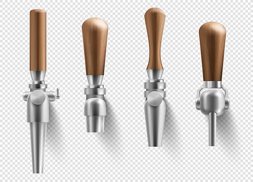 Beer taps with wooden handles, bar or pub equipment, brew machine faucets. Set of vintage metal beer taps isolated on transparent background, vector realistic illustration