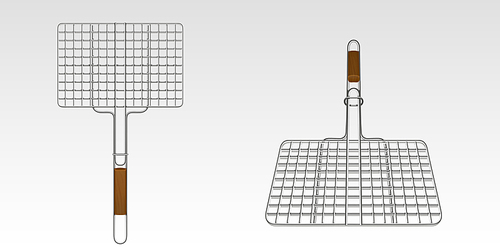 BBQ grid, grill basket with wooden handle in top and perspective view. Steel grate for grilling meat, cooking barbeque, steaks and sausages on fire, vector realistic set isolated on white