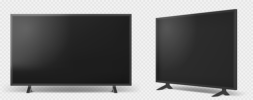 Realistic tv set isolated on transparent background. Flat television with black screen. Modern stylish lcd panel, Large blank display mockup. Graphic design element for catalog, Vector illustration