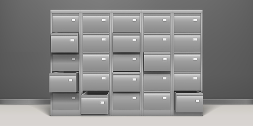 File cabinet, office archive storage with drawers for documents, paper data, library or registry cards. Metal cabinet for paperwork organization, vector realistic illustration