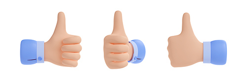 Thumb up icon, hand gesture of like, ok, good, success or approve in front, side and back view. 3d render illustration of confirm symbol, sign of yes, best or done