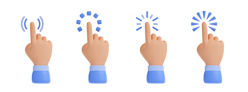 3D illustration set of hand pointer cursors isolated on white. Collection of human finger icons with different touch or click effects. Bundle of user interface elements for software, website