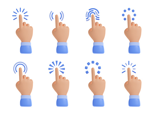 3d render cursor hands, clicking fingers isolated set. Pointer icons graphic elements for website navigation, pointing, touching and searching information, Illustration in cartoon plastic style