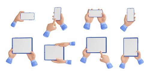 3d render hands holding electronic devices smartphones and tablet pc with blank display. Mockup of gadgets, mobile phone presentation isolated Illustration on white background in cartoon plastic style