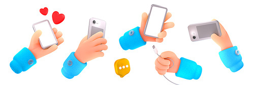 Hand hold mobile phone, charger cable and take photo. Man showing modern smartphone with blank screen, back view with camera, heart icons and speech bubble, 3d render illustration