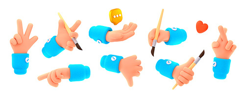 Artist hand holding paint brushes and show gestures of thumb down, victory and wish like. Painter arm with crossing fingers, pointing, heart sign and symbol of chat message, 3d render illustration