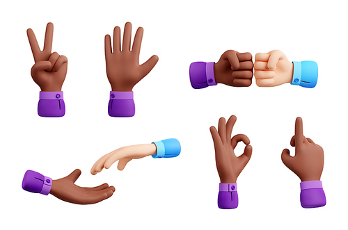 3D illustration of multiethnic hand gestures isolated on white. African american and caucasian fist bump, victory, ok, greeting signs, finger pointing cursor, characters joining palms