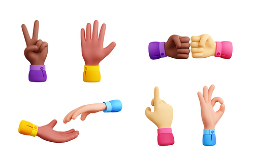 3D set of multiethnic hand gestures isolated on white. Illustration of caucasian and african american fist bump, victory, ok, hello signs, character pointing finger and offering help