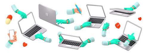3d render doctor hands with laptop. Set of medic staff palms in gloves and labcoat holding, typing, giving, use mouse for pc and use smartphone. Medicine tech illustration in cartoon plastic style