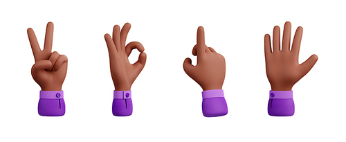 Hand with different gestures, victory, okay, pointing and stop. African american man arm show two fingers, point up, good symbol and open palm isolated on white, 3d render illustration