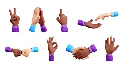 3d render black and white hands gestures ok, business handshake, peace or victory symbol. Pointing Up, giving high-five, bump fists and open palm, body languega illustration in cartoon plastic style
